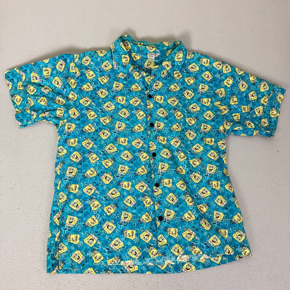 SpongeBob SquarePants Button Up Shirt Mens Medium Blue Cartoon Cotton